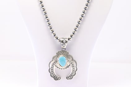 Native America Navajo Sterling Silver Turquoise Naja Pendant By Ray Bennett. With Pearl Bedaed