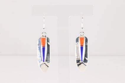Native America Navajo Sterling Silver Multi-Color Inlay Feather Dangling Earring's By Z.