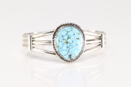 Native America Navajo Sterling Silver Kingman Turquoise  Bracelet Cuff By S.E.