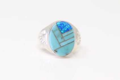 Native America Zuni Sterling Silver Blue Opal / Turquoise Inlay Ring By P.L.L.