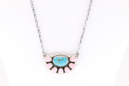 Native America Navajo Sterling Silver Kingman Turquoise / Pink Conch Necklace By Geraldine James.