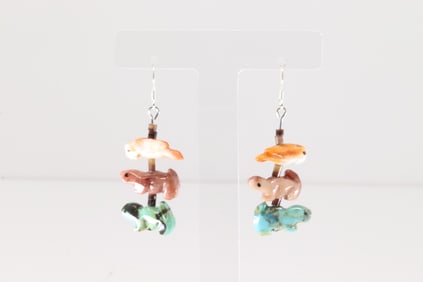 Native American Zuni Sterling Silver Multi-Color Stone carved Animal Fetish Dangling Earring's.