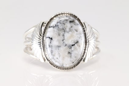 Native American Navajo Sterling Silver White Buffalo Bracelet Cuff By Samson Etcitty.