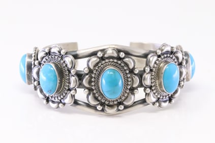 Native America Navajo Sterling Silver Turquoise Bracelet Cuff By Tom Lewis.