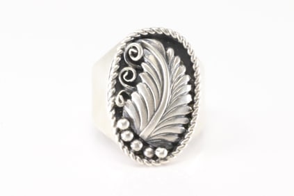 Native America Navajo Sterling Silver Leaf Design Cuff Ring By Genevieve Burnside.