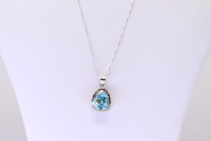 Native America Navajo Sterling Silver Sonora Gold Turquoise Pendant / With 925 Necklace By J.F.