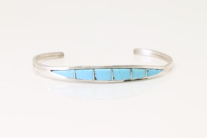 Native America Zuni Sterling Silver Turquoise Inlay Bracelet By Cena.