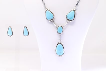 Native American Navajo Sterling Silver Kingman Turquoise Necklace & Earring's Set By Agustine Largo.