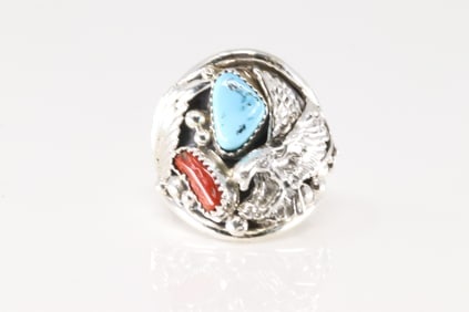 Native America Navajo Sterling Silver Coral & Turquoise Eagle Ring By Jeanette Saunders.
