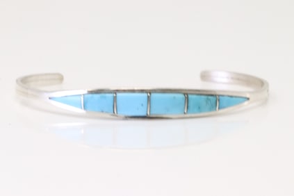 Native America Zuni Sterling Silver Turquoise Inlay Bracelet By Cena.