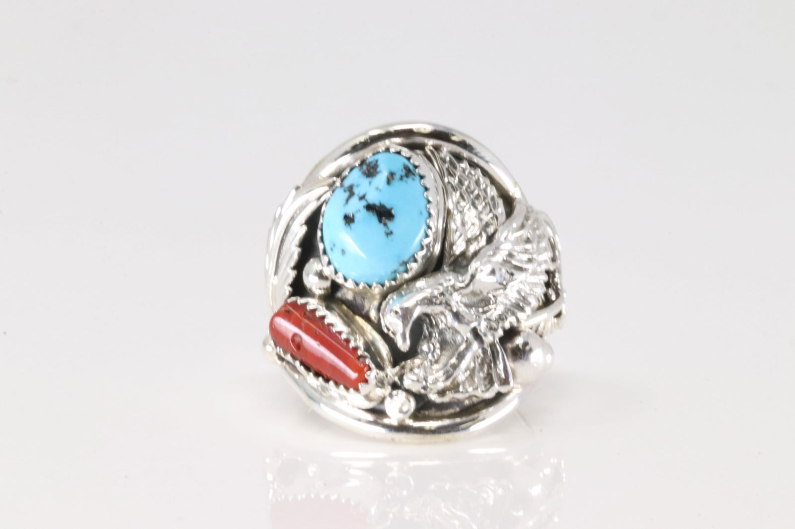 Native America Navajo Sterling Silver Coral & Turquoise Eagle Ring By Jeanette Saunders. (1 of 4)