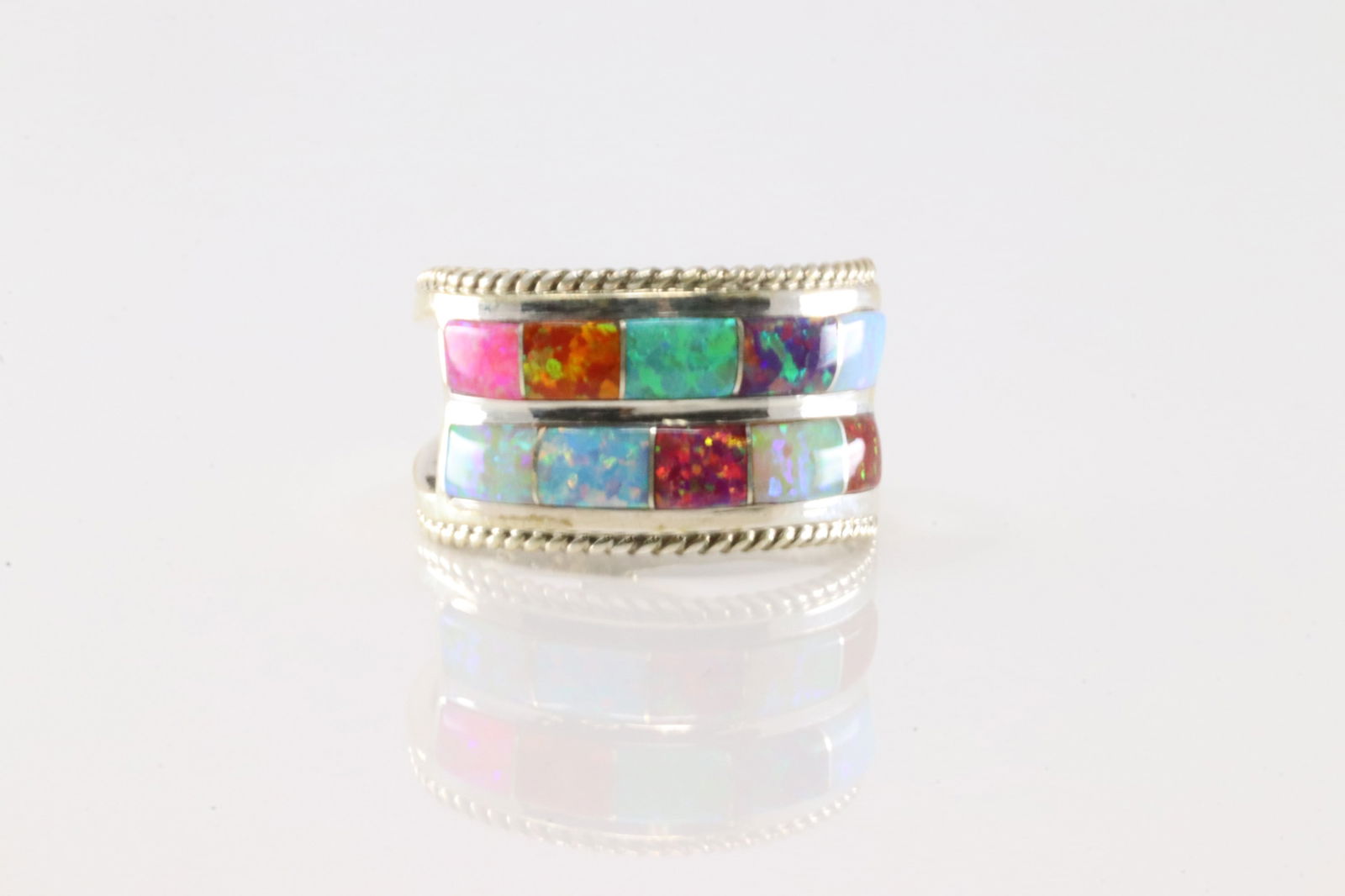Native America Navajo Sterling Silver Synthetic Multi-Color Stone Opal Inlay Ring By Bru J. (1 of 4)