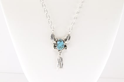 Native America Navajo Sterling Silver Turquoise Necklace By Sadie Jim.