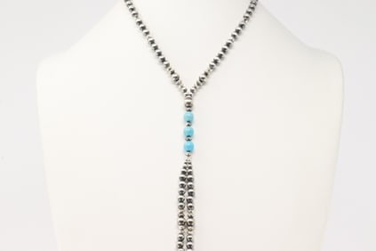 Native America Navajo Sterling Silver Turquoise / Pearl Beaded Necklace Lucinda Sardo.