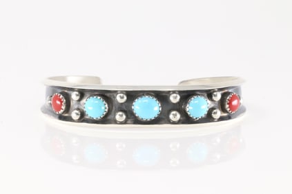 Native America Navajo Sterling Silver Coral & Turquoise Bracelet Cuff By Paul Largo.