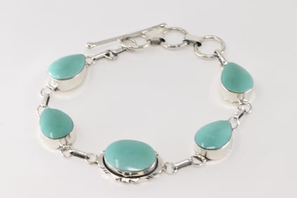 Native America Navajo Sterling Silver Turquoise Bracelet Link By Phyllis A.Smith.
