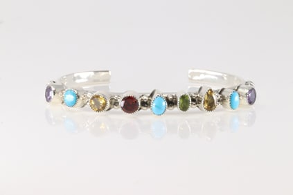Native America Navajo Sterling Silver Multi-Color Stone Bracelet Cuff By Sheena Jack.