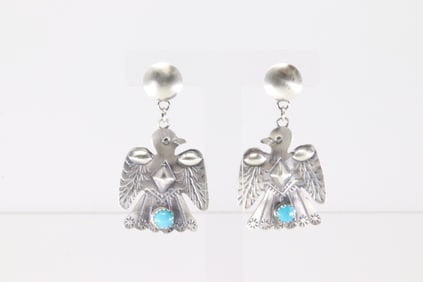Native America Navajo Sterling Silver Turquoise Thunderbird Post / Dangling Earring's By Tim Yazzie.