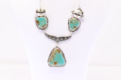 Native America Navajo Sterling Silver Turquoise Kachina Necklace By Nelson Morga.