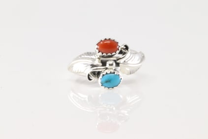 Native America Navajo Sterling Silver Coral & Turquoise Ring By Harry B.Yazzie.