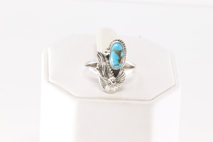 Native America Navajo Sterling Silver Turquoise Ring Leaf Cuff By Robert Martinez.