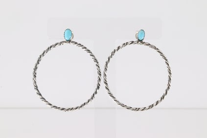 Native America Navajo Sterling Silver Turquoise Hoop Pos Earring's By Nelson Leonard Jr.