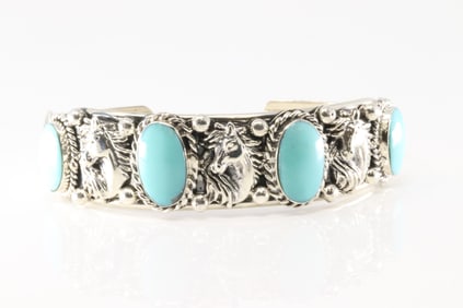 Native America Navajo Sterling Silver Turquoise Head Horse Bracelet Cuff By R.B.
