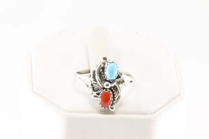 Native America Navajo Sterling Silver Coral & Turquoise Ring By Harris Largo.