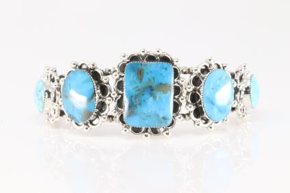 Native America Navajo Sterling Silver Turquoise Barcelet Cuff By Sheena Jack.