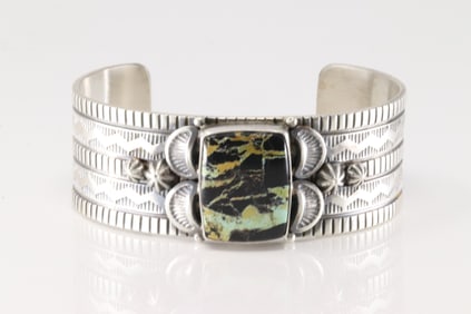 Native American Navajo Sterling Silver Black Jack Stone Bracelet Cuff By Francia.