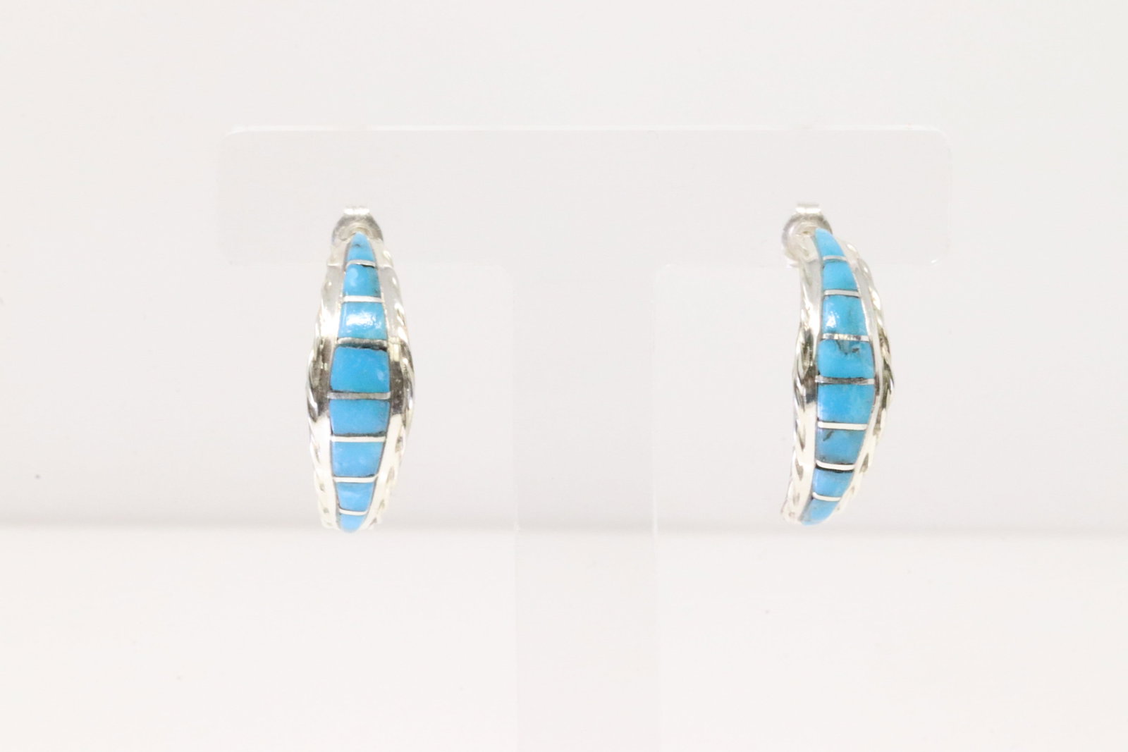 Native American Zuni Sterling Silver Turquoise Inlay Hoop Earring's By Malcolm Chavez.: This is a Native American Zuni Sterling Silver Turquoise Inlay Hoop Earring's By Malcolm Chavez.