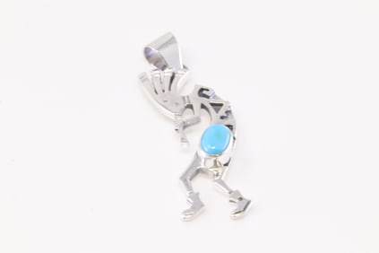 Native America Navajo Sterling Silver Turquoise Kokopelli Pendant By E.K.