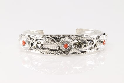 Native America Navajo Sterling Silver Coral Floral Bracelet Cuff By Bessie Joe.