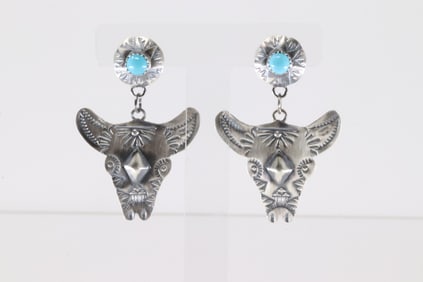 Native America Navajo Sterling Silver Turquoise Cow Head Post / Dangling Earring's Gabrielle Yazzie.