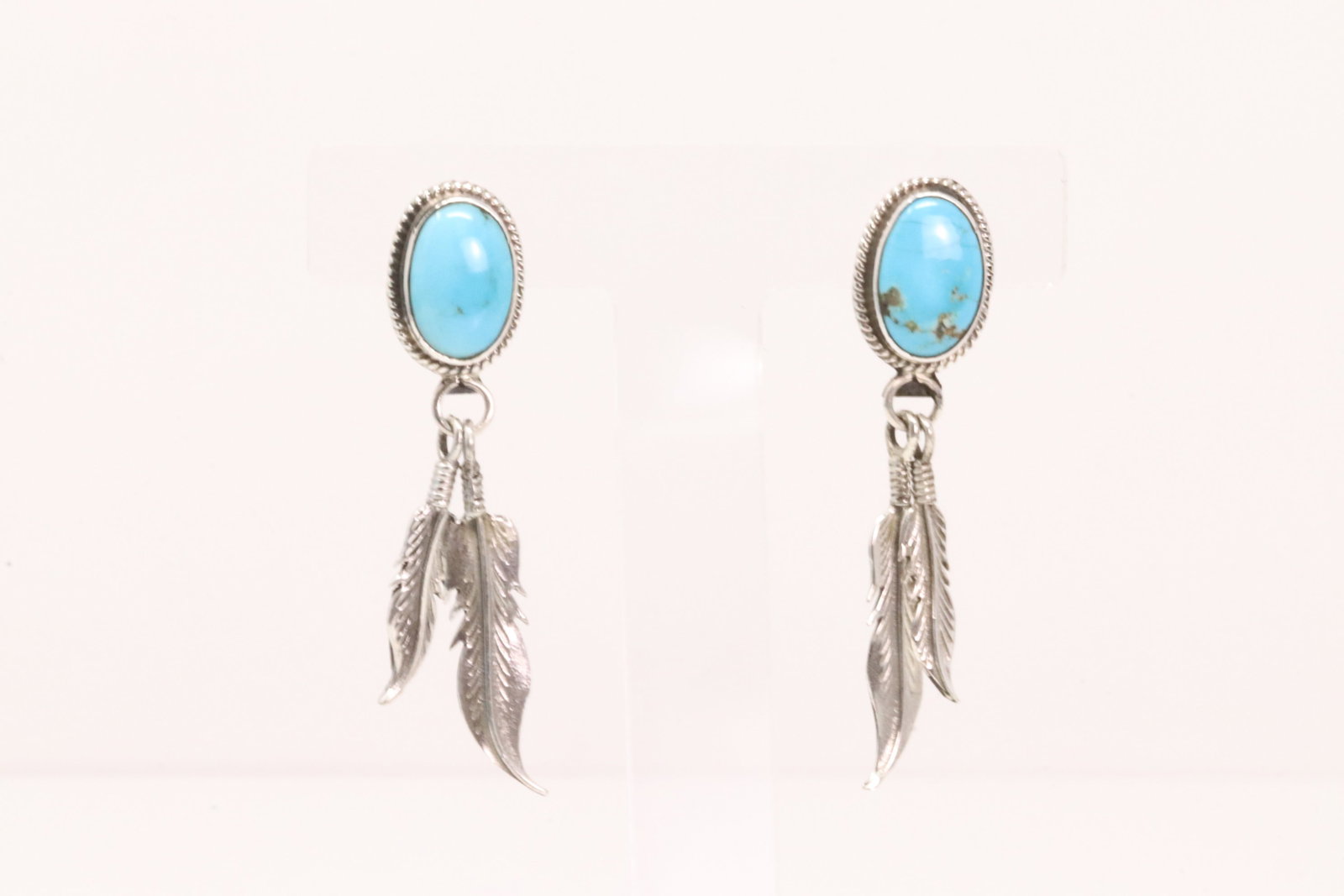 Native America Navajo Sterling Silver Turquoise Post / Dangling Feather Earring's By Judy Largo.: This is a Native America Navajo Sterling Silver Turquoise Post / Dangling Feather Earring's By Judy Largo.