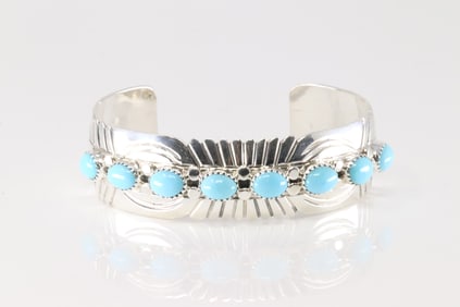 Native America Navajo Sterling Silver Turquoise Bracelet Cuff By Calvin Belin.