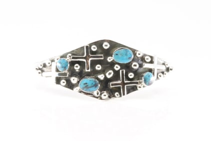 Native America Navajo Sterling Silver Turquoise Cross Bracelet Cuff By Gregg Yazzie.