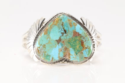 Native America Navajo Sterling Silver Kingman Turquoise Heart Bracelet Cuff By S.E.