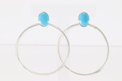 Native America Navajo Sterling Silver Turquoise Hoop Post Earring's By Verley Betone.