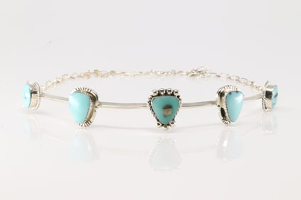 Native America Navajo Sterling Silver Turquoise Necklace By David Lopez.