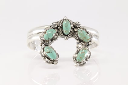 Native America Navajo Sterling Silver Turquoise Naja Bracelet Cuff By Raymond Yazzie.