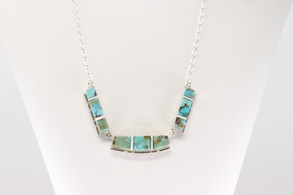 Native America Navajo Sterling Silver Opal & Turquoise Inlay Necklace By Brandon Etcitty.