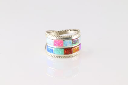 Native America Navajo Sterling Silver Synthetic Multi-Color Inaly Opal Ring By Bru J.