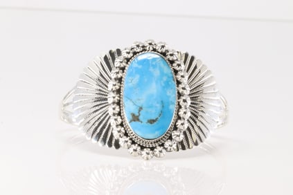 Native America Navajo Sterling Silver Turquoise Bracelet Cuff By Calvin Belin.