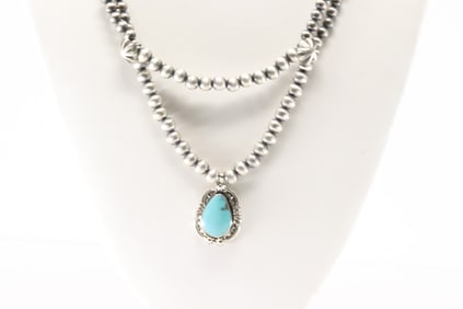 Native American Navajo Sterling Silver Double Strand Turquoise Necklace By Lucinda Sardo.
