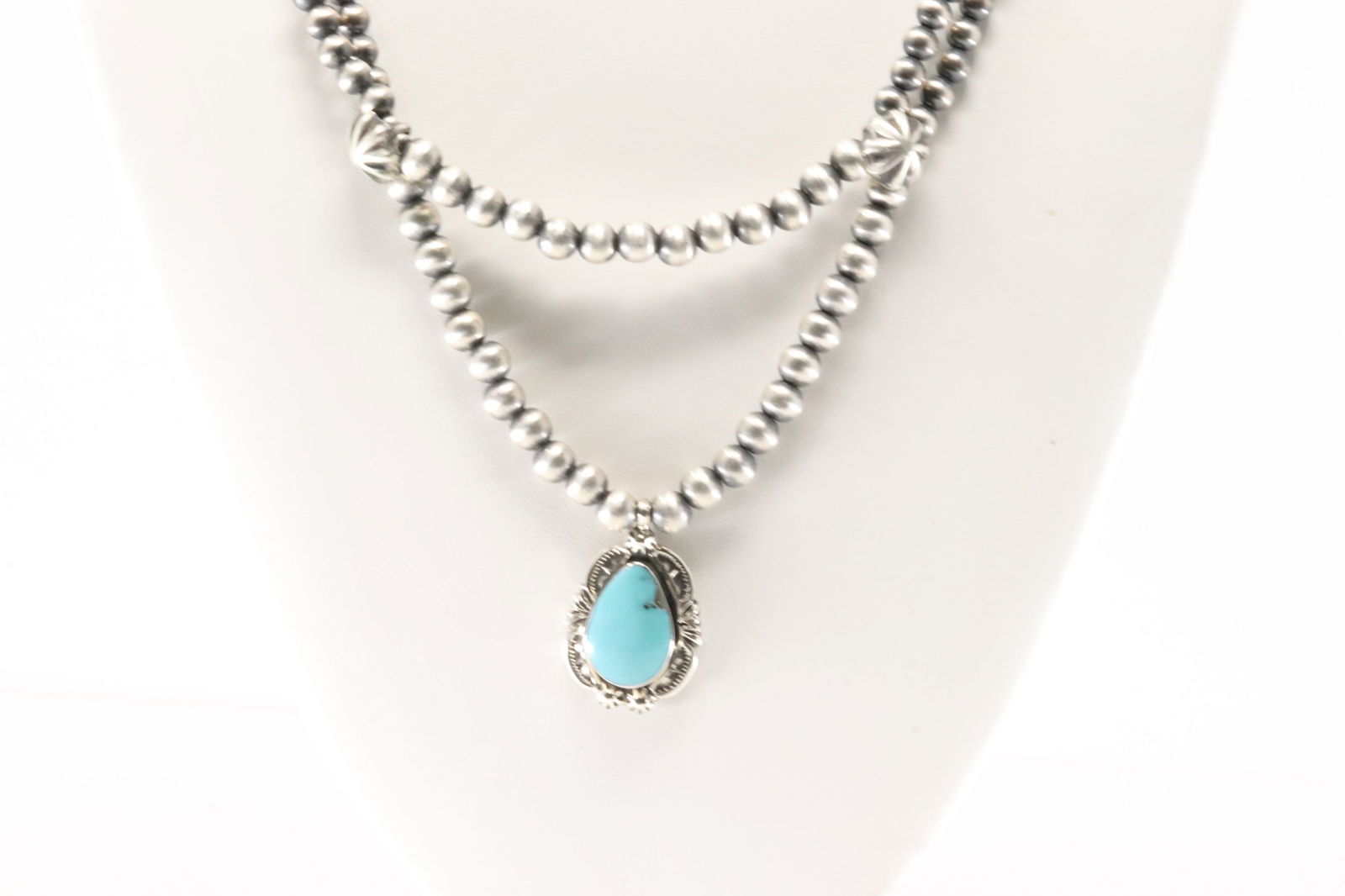 Native American Navajo Sterling Silver Double Strand Turquoise Necklace By Lucinda Sardo. (1 of 4)