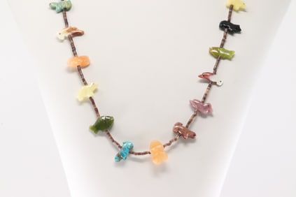 Native America Zuni Sterling Silver Multi-Stone Fetish Animal Carved Necklace.