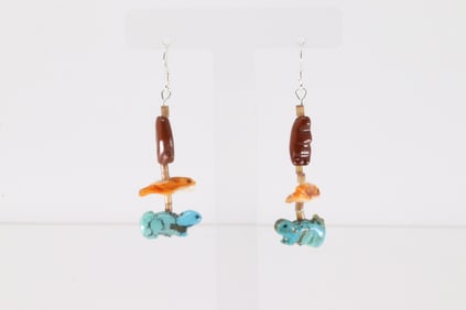 Native America Zuni Sterling Silver Multi-Stone Animal Carved Dangling Earring's.