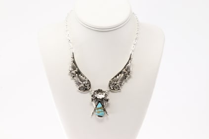 Native America Navajo Sterling Silver Floral Turquoise Necklace By Loretta Delagarito.