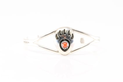 Native America Navajo Sterling Silver Bear Paw Coral Baby Bracelet.